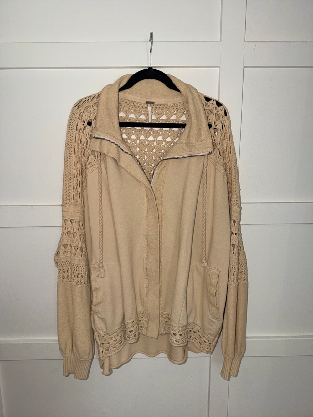 Free People Crochet-Trim Beige Zip Hoodie Jacket